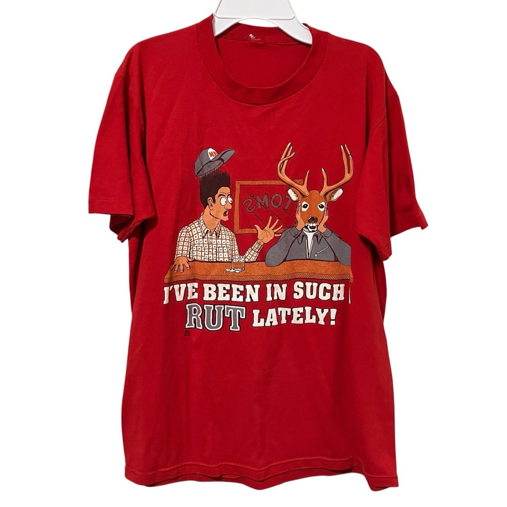 Vintage Hunting Humor Deer & Man in Bar  I've Been In Such A Rut Lately! Red Tee